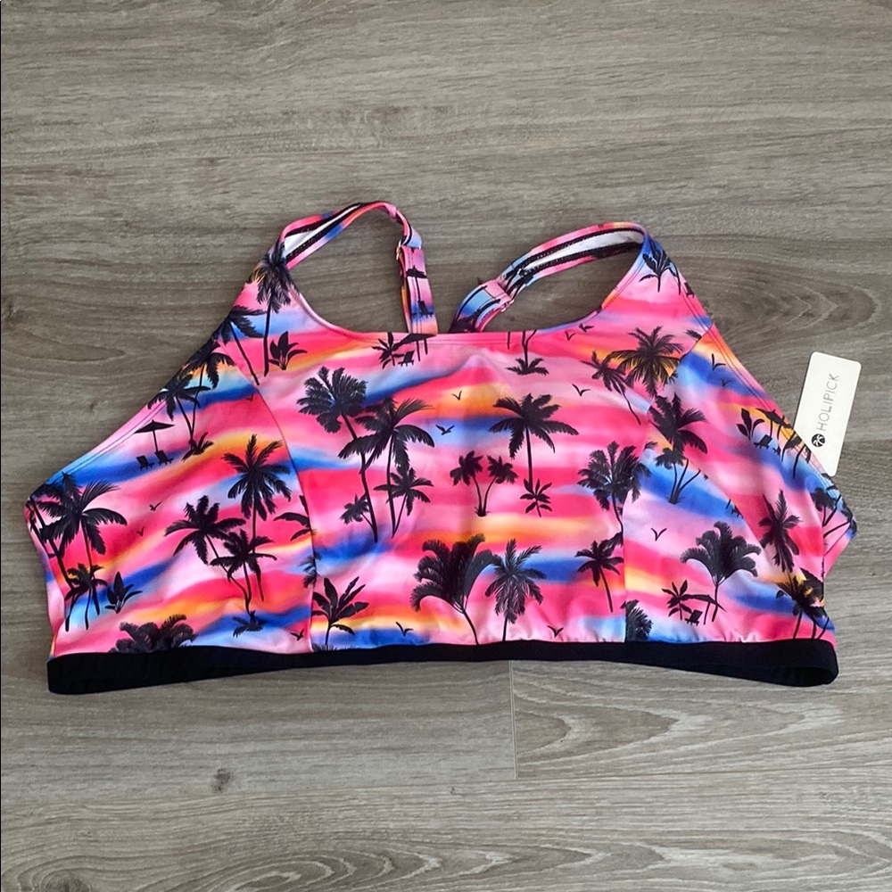 Holipick Pink and Black Bikini Top with Tropical Palm Tree Design